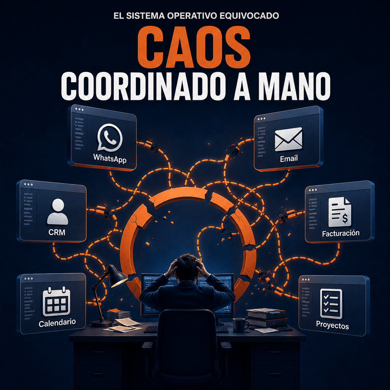 Sistemas manuales habituales: WhatsApp, Email, CRM, Facturación, Calendario y Proyectos