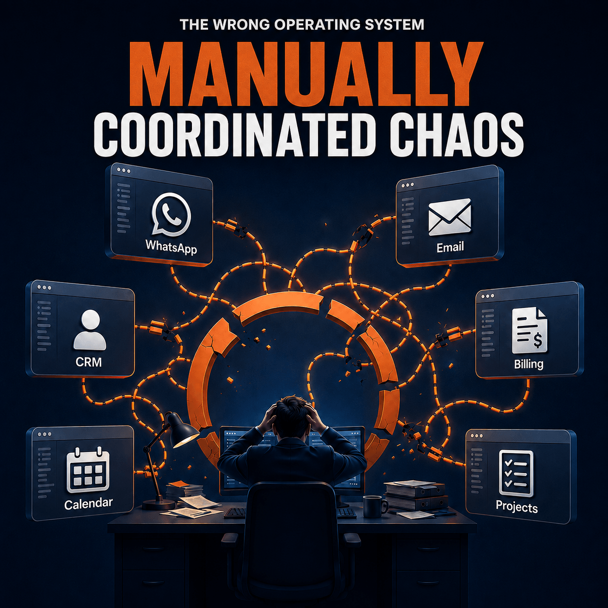 Common manual systems: WhatsApp, email, CRM, invoicing, calendar and projects
