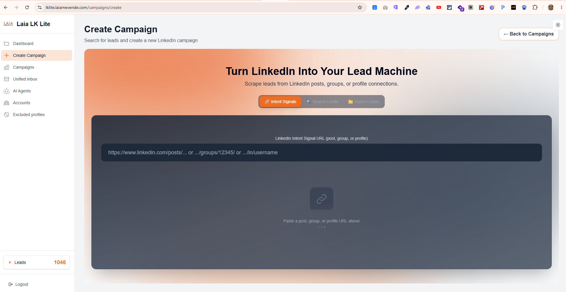 Configuración de la intención de campaña en Laia LK Lite